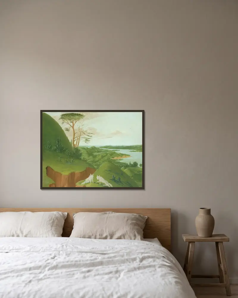 Flodbrinkar med vita vargar i förgrunden, övre Missouri av George Catlin inramad på en vägg