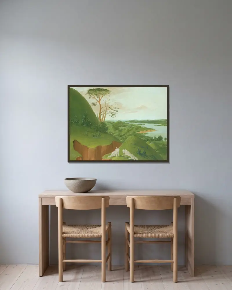 Flodbrinkar med vita vargar i förgrunden, övre Missouri av George Catlin inramad på en vägg