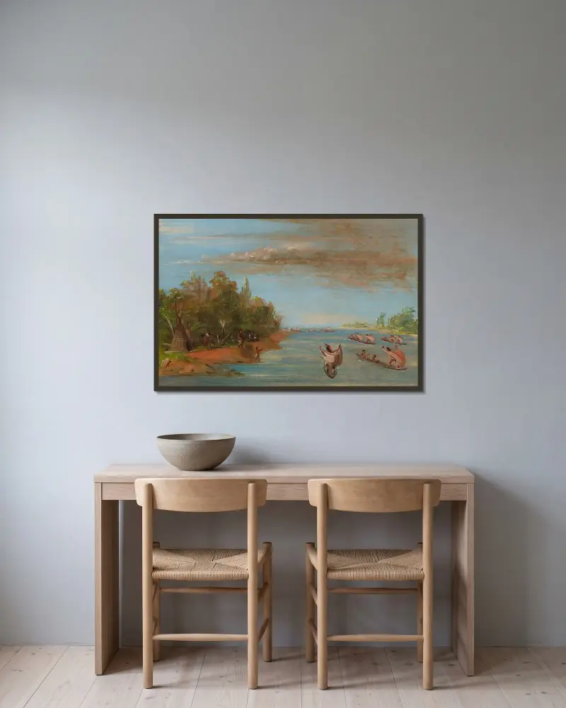 Sac And Fox Sailing In Canoes av George Catlin inramad på en vägg