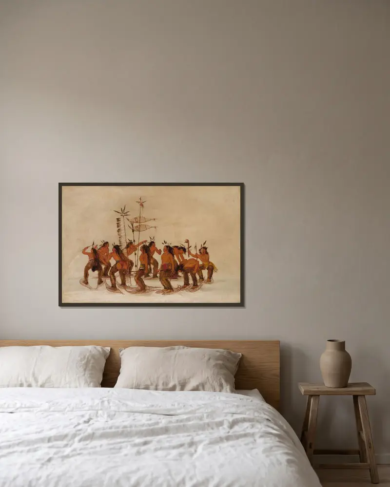 Snöskodans vid första snöfallet av George Catlin inramad på en vägg