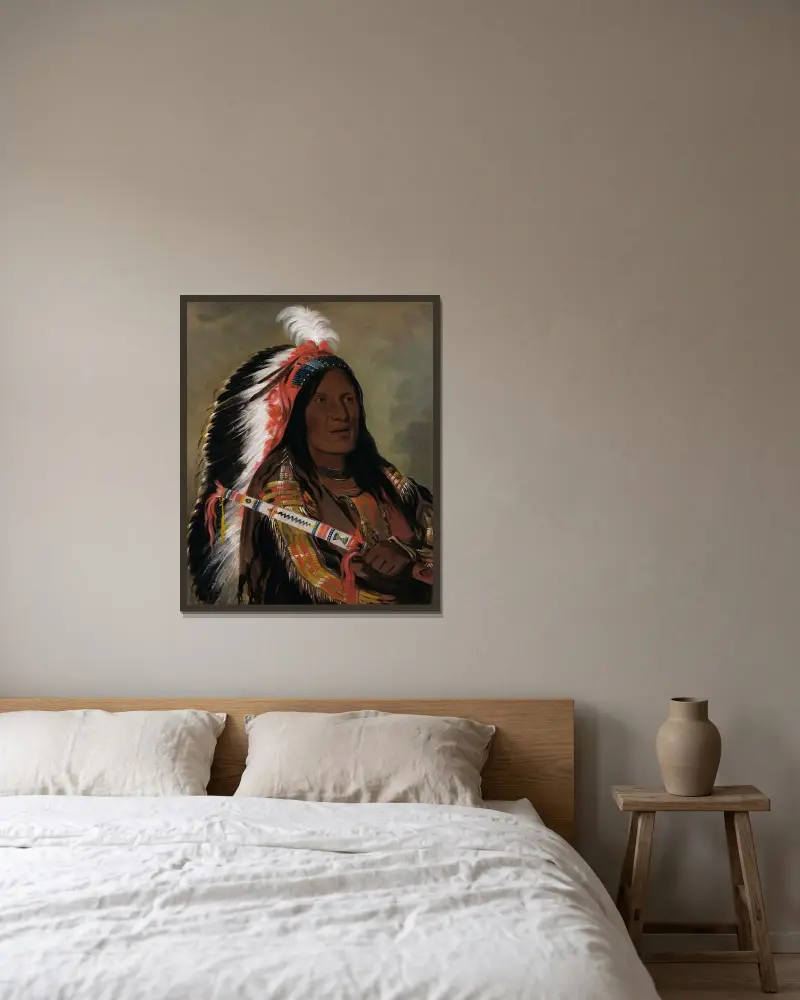 Táh-Téck-A-Da-Háir, Steiler Wind, ein Krieger der Bad Arrow Points Band von George Catlin gerahmt an einer Wand