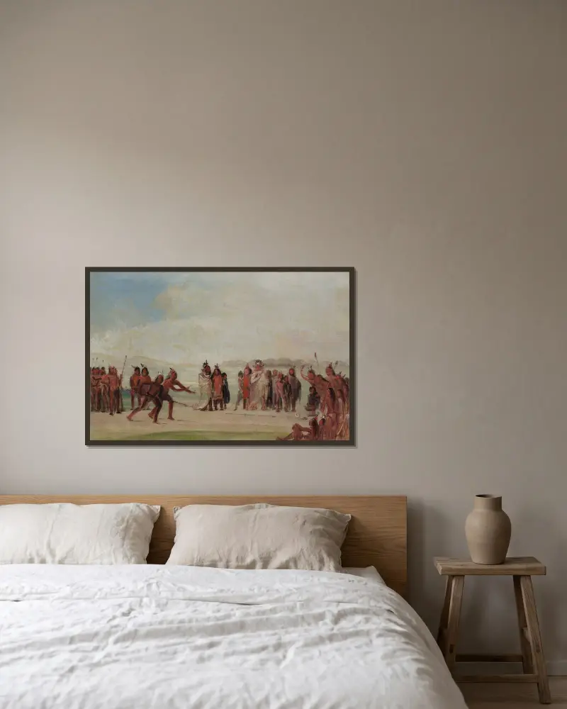 Tchung-Kee, ett mandanspel med ring och stav av George Catlin inramad på en vägg