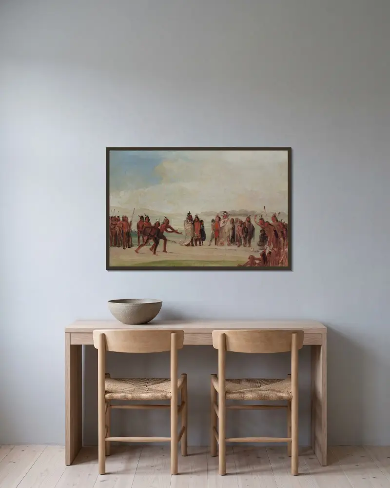Tchung-Kee, ett mandanspel med ring och stav av George Catlin inramad på en vägg