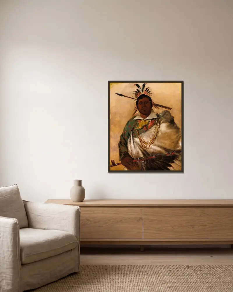 Téh-Ke-Néh-Kee, Black Coat, a Chief av George Catlin inramad på en vägg