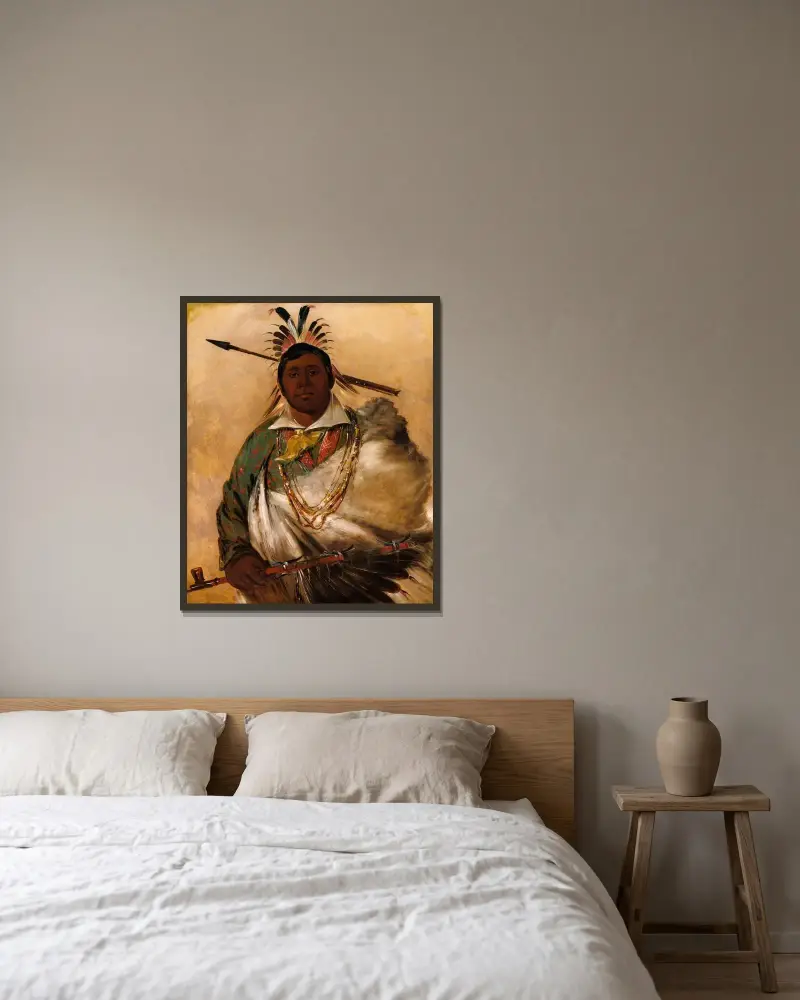 Téh-Ke-Néh-Kee, Black Coat, a Chief av George Catlin inramad på en vägg