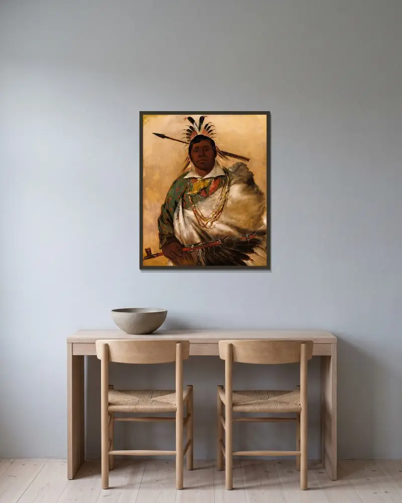 Téh-Ke-Néh-Kee, Black Coat, a Chief av George Catlin inramad på en vägg