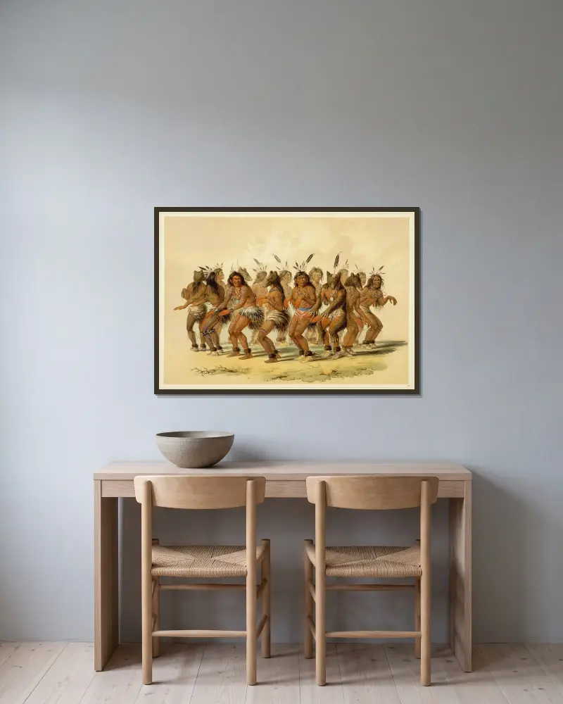 Björndansen av George Catlin inramad på en vägg