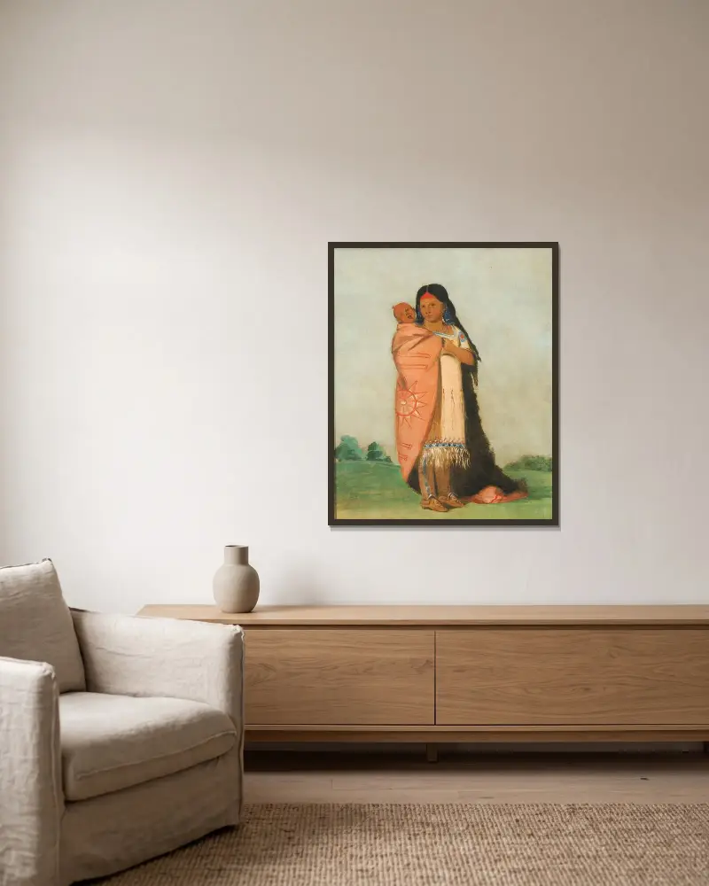 Tsee-Moúnt, Great Wonder, Carrying Her Baby In Her Robe av George Catlin inramad på en vägg