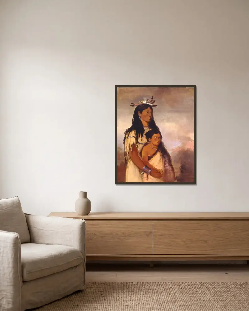 Túnk-aht-óh-ye, Åskan, en pojke, och Wun-pán-to-mee, Vit vessla, en flicka av George Catlin inramad på en vägg