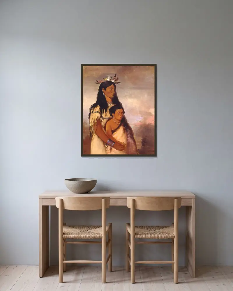 Túnk-aht-óh-ye, Åskan, en pojke, och Wun-pán-to-mee, Vit vessla, en flicka av George Catlin inramad på en vägg