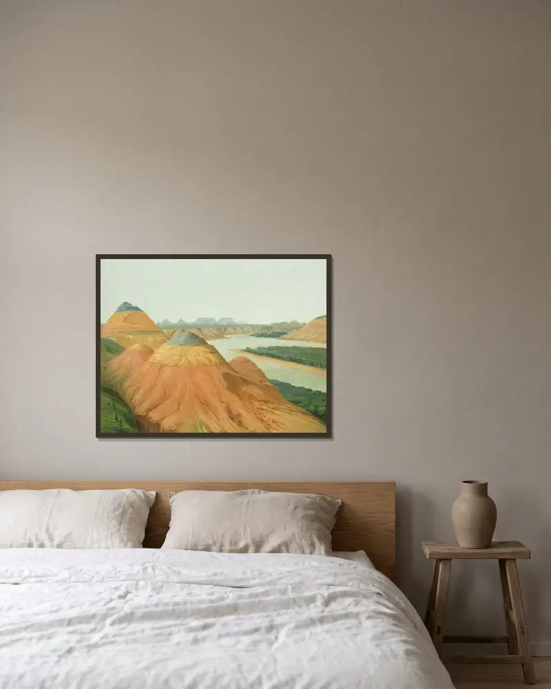 Ansicht der großen Biegung des oberen Missouri von George Catlin gerahmt an einer Wand
