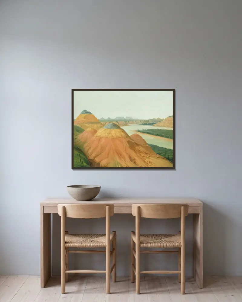 Ansicht der großen Biegung des oberen Missouri von George Catlin gerahmt an einer Wand