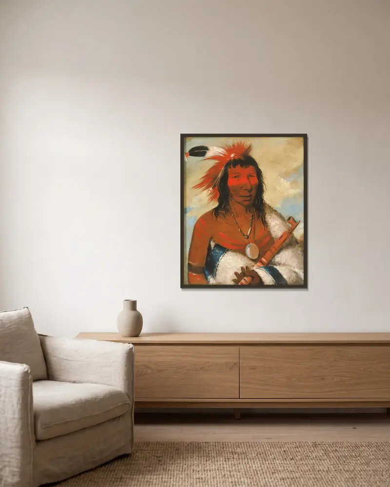 Wá-Nah-De-Túnk-Ah, Big Eagle (oder Black Dog), Häuptling der Bande O-Hah-Kas-Ka-Toh-Y-An-Te von George Catlin gerahmt an einer Wand