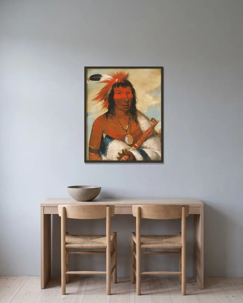 Wá-Nah-De-Túnk-Ah, Big Eagle (oder Black Dog), Häuptling der Bande O-Hah-Kas-Ka-Toh-Y-An-Te von George Catlin gerahmt an einer Wand