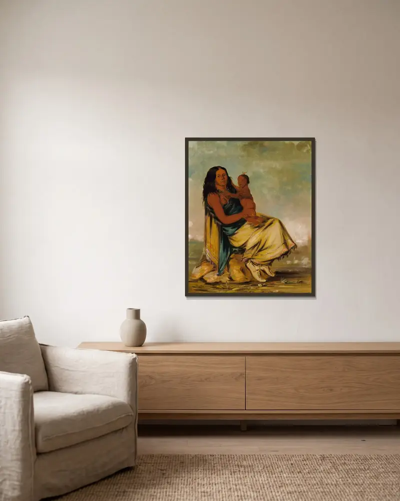 Wáh-Chee-Te, Frau von Cler-Mónt, mit Kind von George Catlin gerahmt an einer Wand