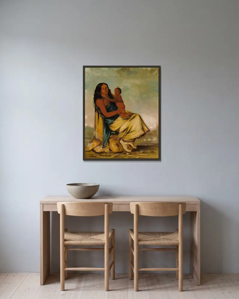 Wáh-Chee-Te, Frau von Cler-Mónt, mit Kind von George Catlin gerahmt an einer Wand