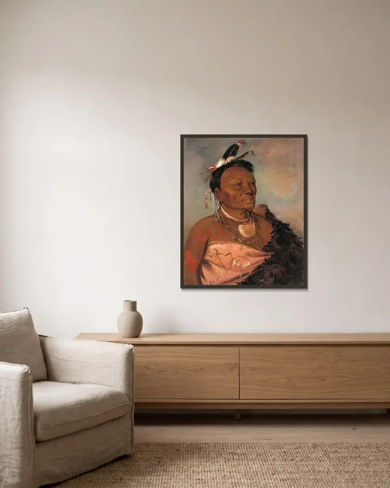 Wee-Tá-Ra-Shá-Ro, stamhövding av George Catlin inramad på en vägg
