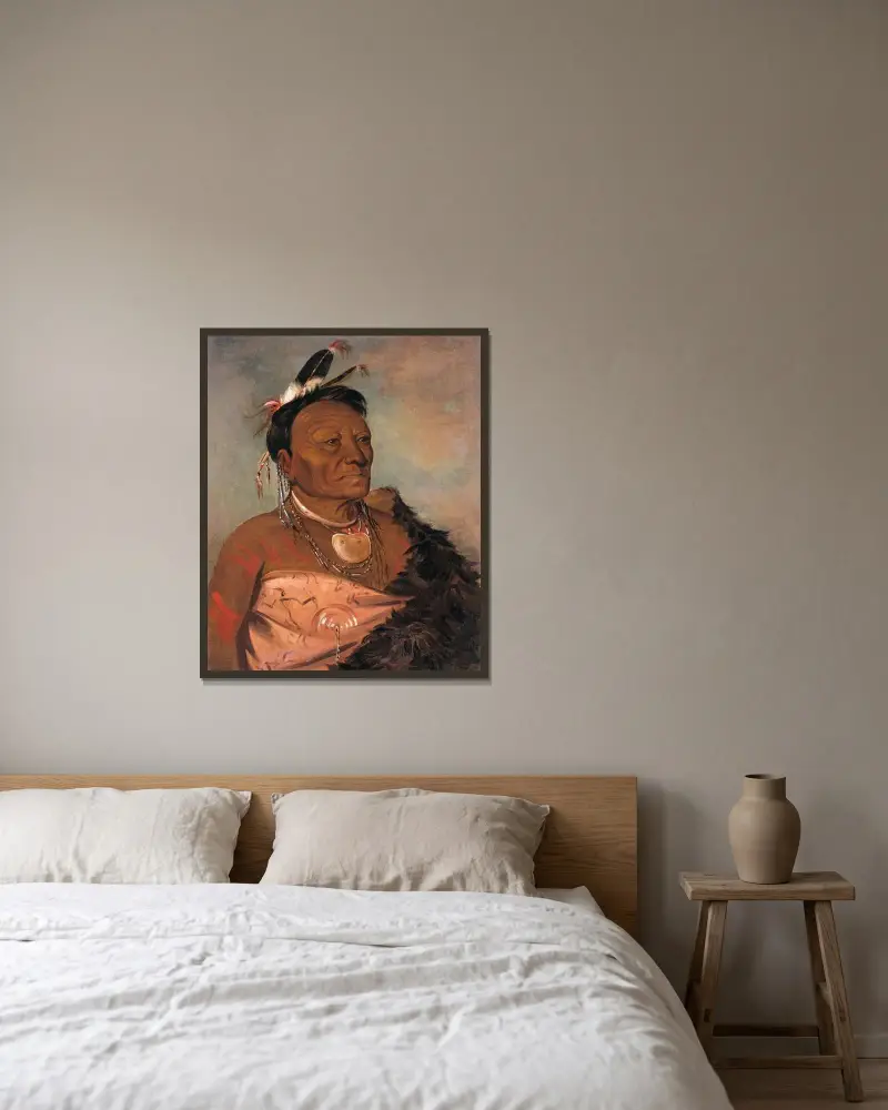 Wee-Tá-Ra-Shá-Ro, stamhövding av George Catlin inramad på en vägg