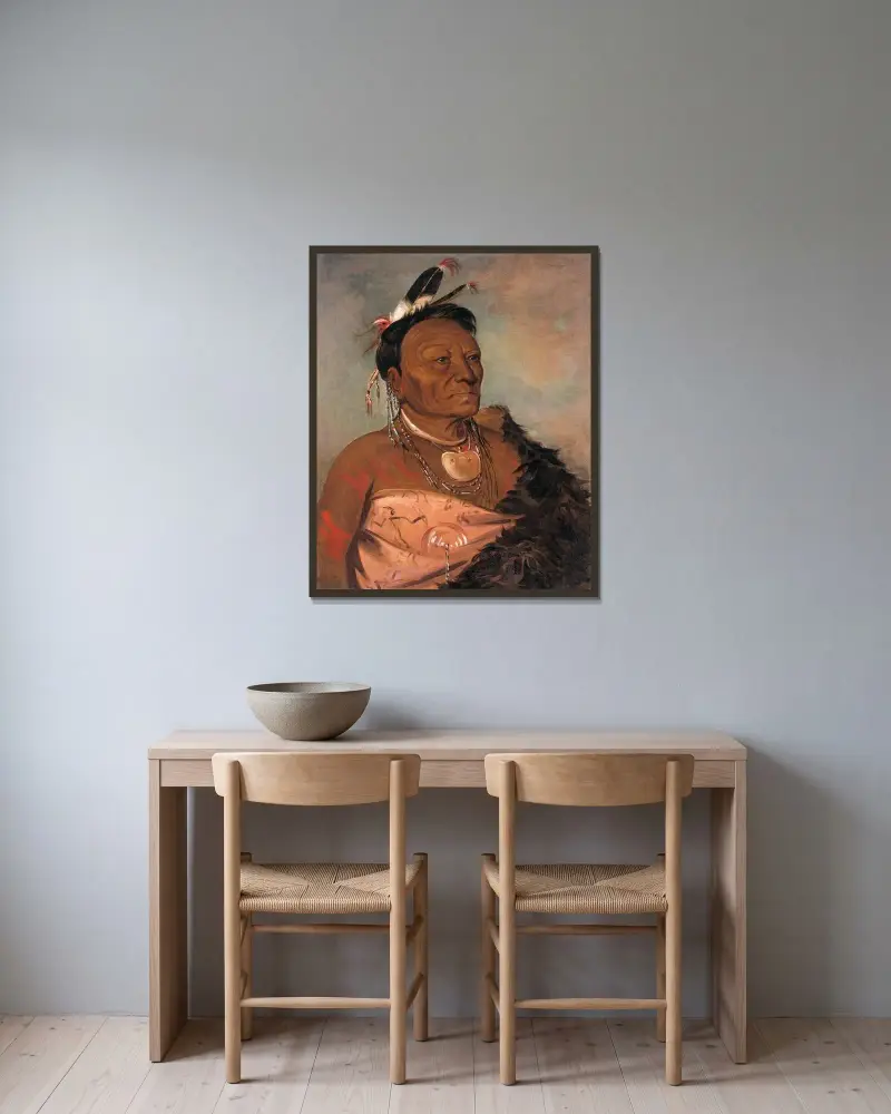 Wee-Tá-Ra-Shá-Ro, stamhövding av George Catlin inramad på en vägg