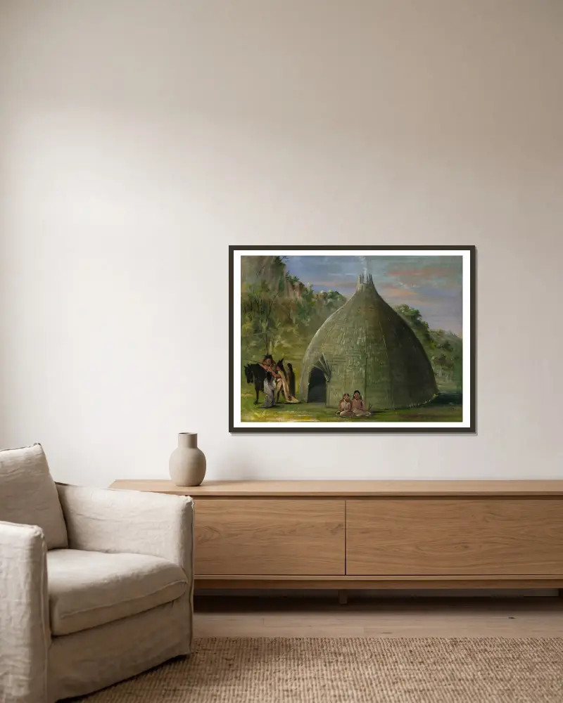 Wichita Lodge, Thatched With Prairie Grass av George Catlin inramad på en vägg