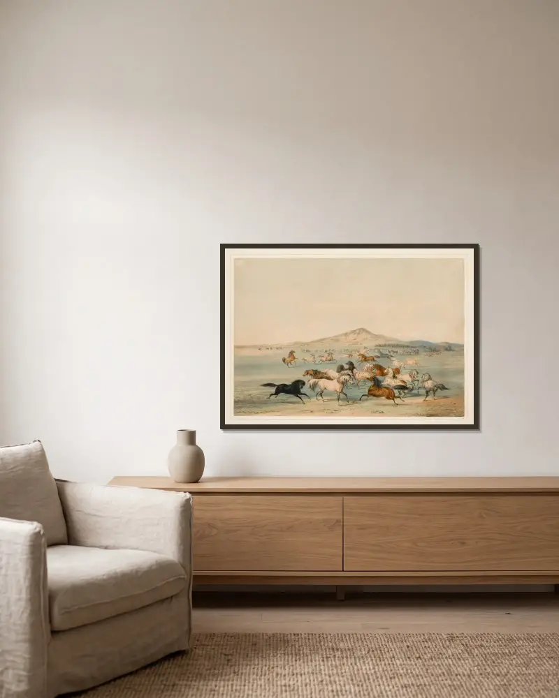 Vilda hästar i lek av George Catlin inramad på en vägg