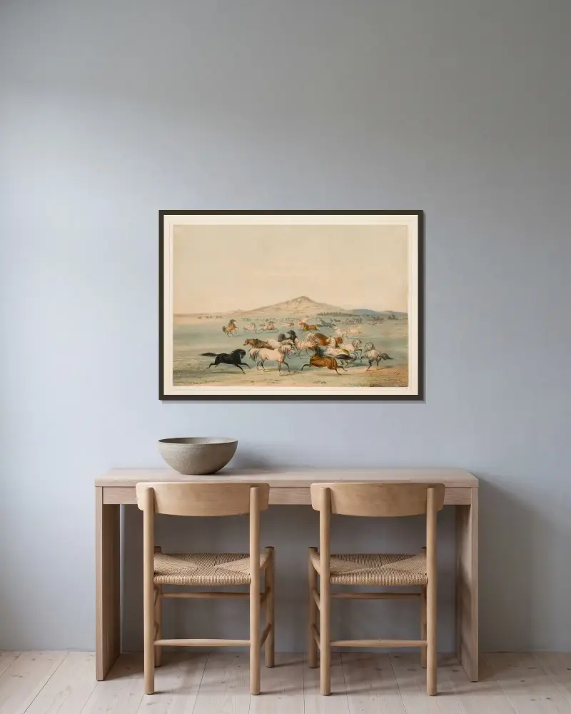 Vilda hästar i lek av George Catlin inramad på en vägg