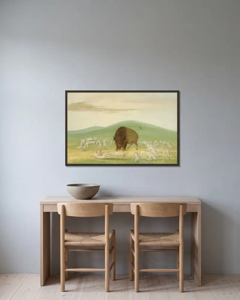 Sårad buffel omringad av vita vargar av George Catlin inramad på en vägg