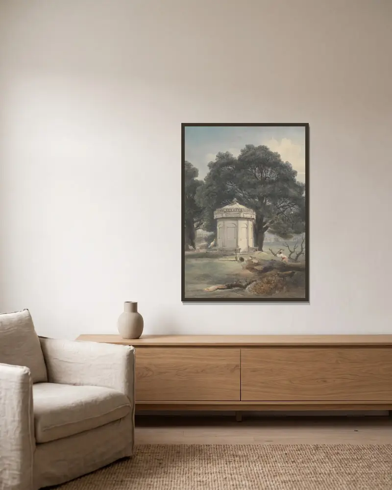 Ein Garten in Indien von George Chinnery gerahmt an einer Wand