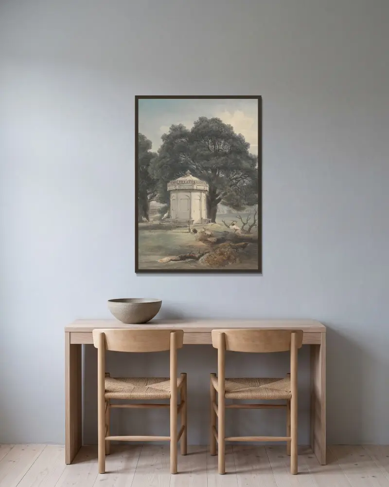 Ein Garten in Indien von George Chinnery gerahmt an einer Wand