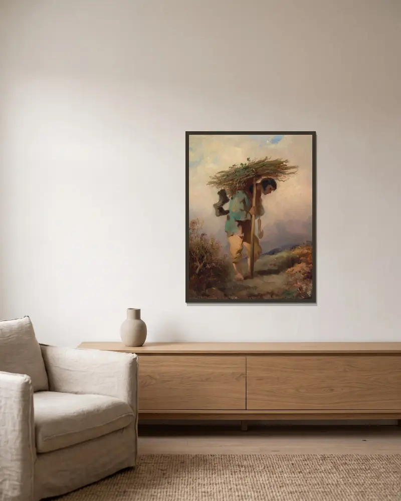 Ein Mann, der ein Reisigbündel trägt von George Chinnery gerahmt an einer Wand