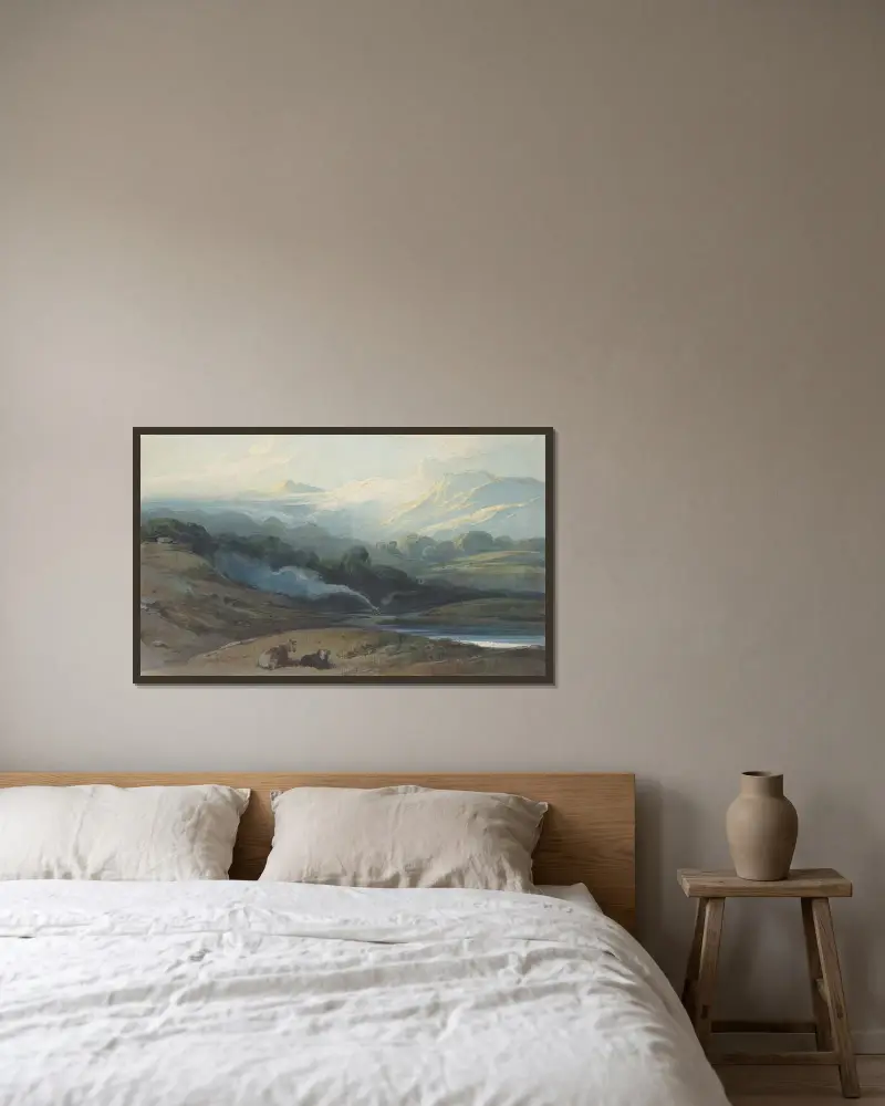 Boskap som vilar i ett bergslandskap av George Chinnery inramad på en vägg