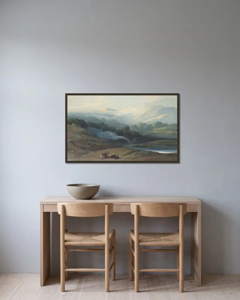Boskap som vilar i ett bergslandskap av George Chinnery inramad på en vägg