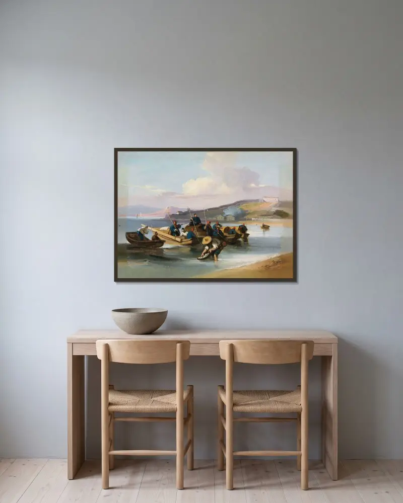Kinesisk scen, fiskare av George Chinnery inramad på en vägg