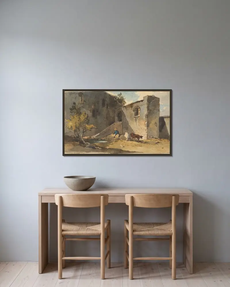 Figur med boskap som står i skuggan av en byggnad av George Chinnery inramad på en vägg