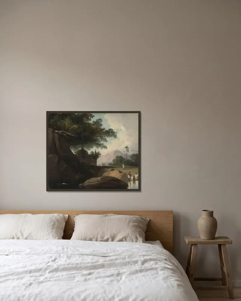 Indiskt landskap med tempel av George Chinnery inramad på en vägg