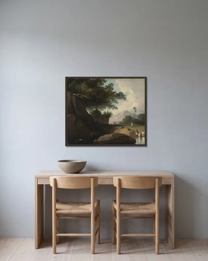 Indiskt landskap med tempel av George Chinnery inramad på en vägg