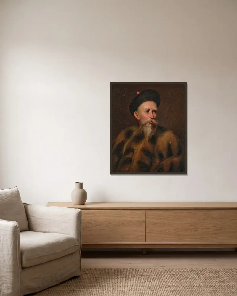 Porträtt av en hongköpman i vinterdräkt av George Chinnery inramad på en vägg