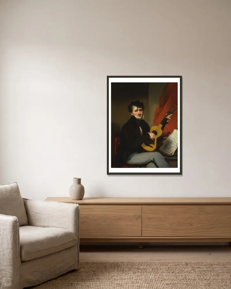 Portrait of a Man Playing a Guitar av George Chinnery inramad på en vägg