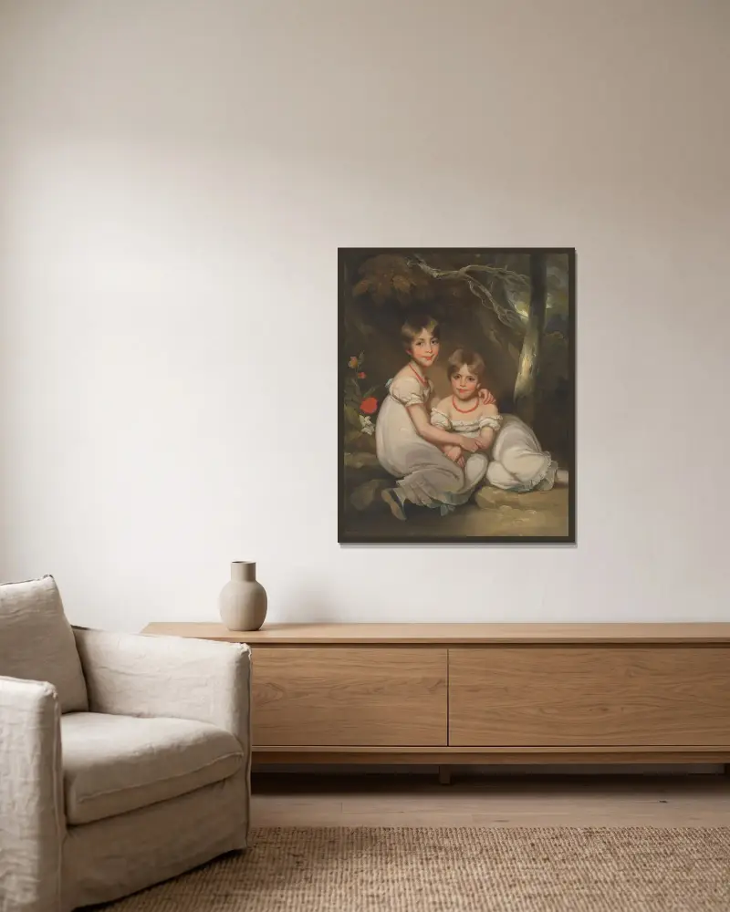 Porträt von Margaret Wood (1810–1899) und ihrer Schwester Mary von George Chinnery gerahmt an einer Wand