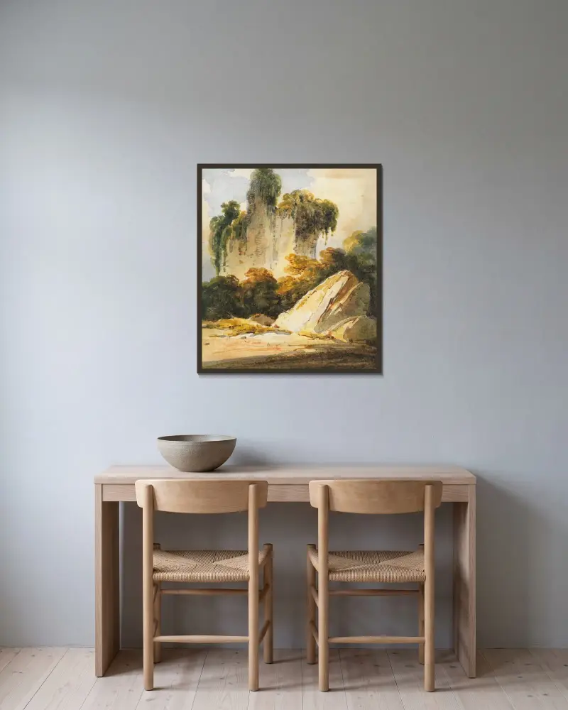 Klippor och övervuxen mur, Bengal av George Chinnery inramad på en vägg