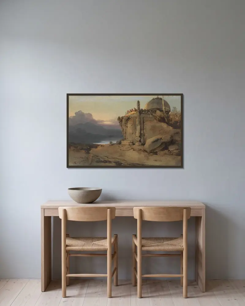Ruin av ett tempel, solnedgång av George Chinnery inramad på en vägg