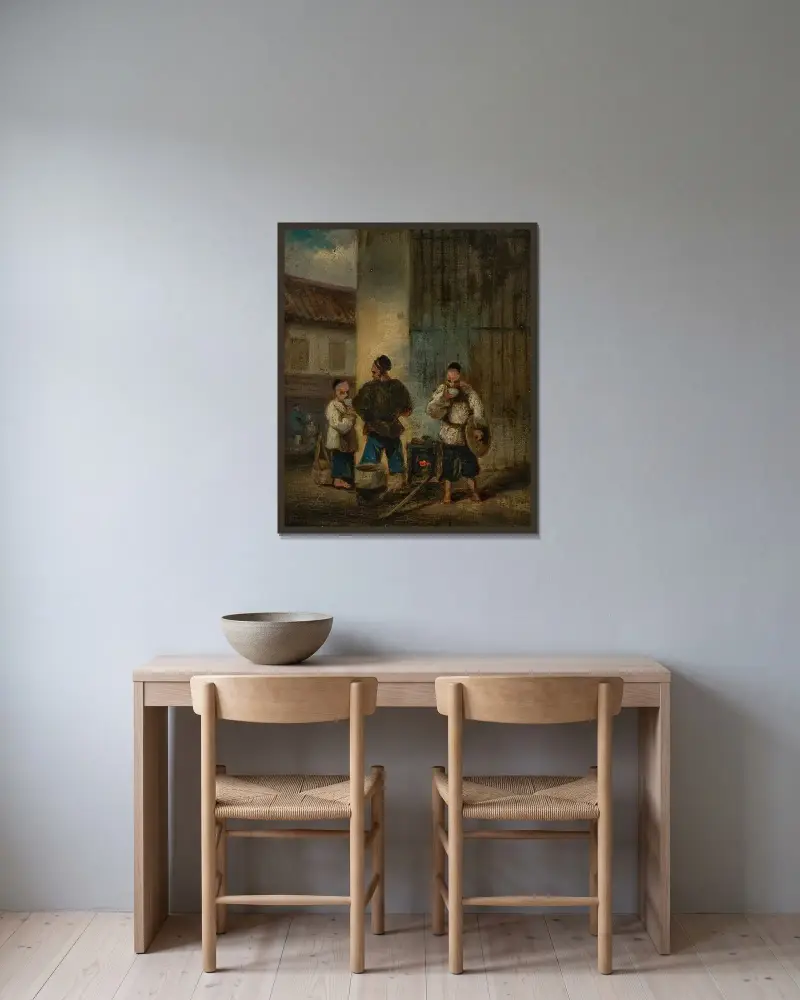Tre män som äter soppa kring en fyrfat av George Chinnery inramad på en vägg