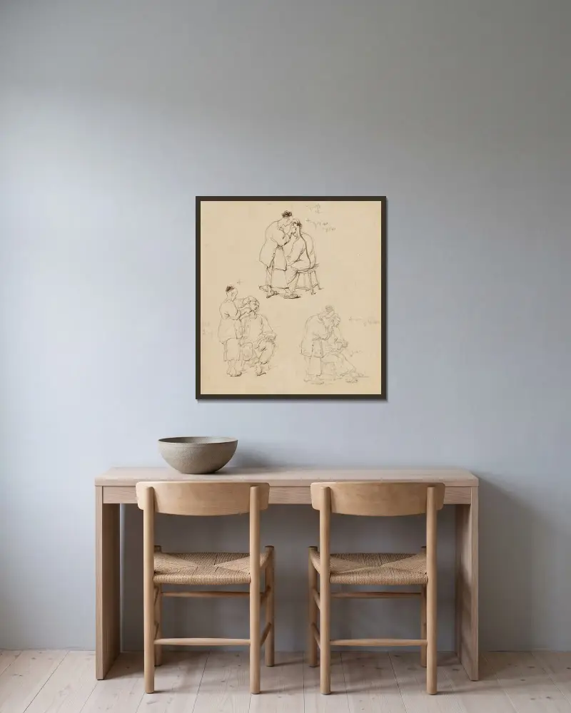 Tre studier av en kinesisk barberare av George Chinnery inramad på en vägg