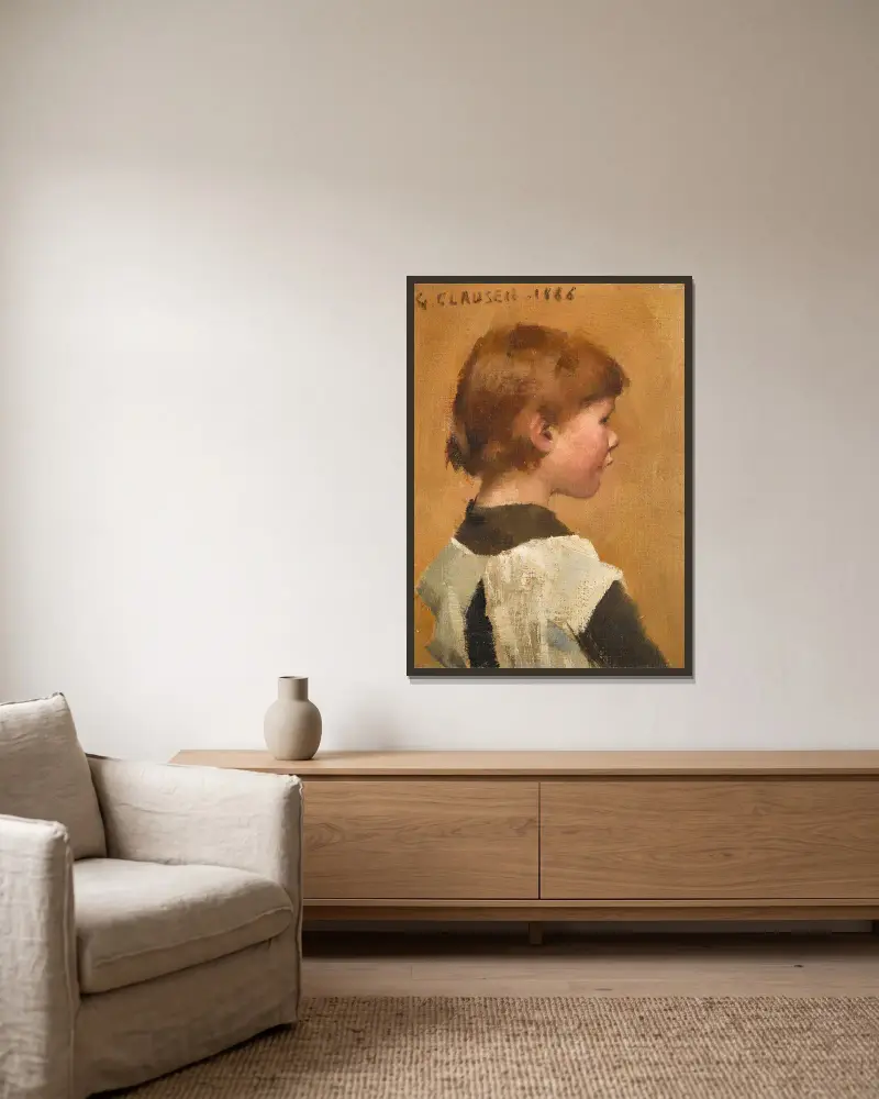 Der Kopf eines Mädchens von Sir George Clausen gerahmt an einer Wand