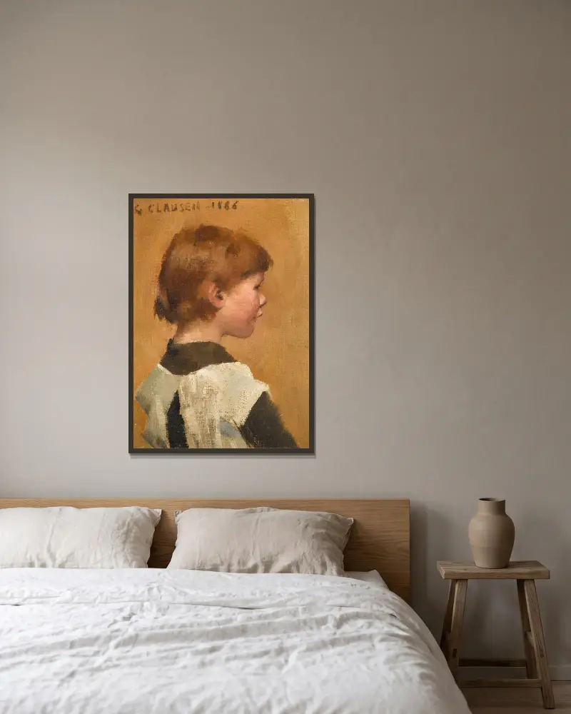 Der Kopf eines Mädchens von Sir George Clausen gerahmt an einer Wand