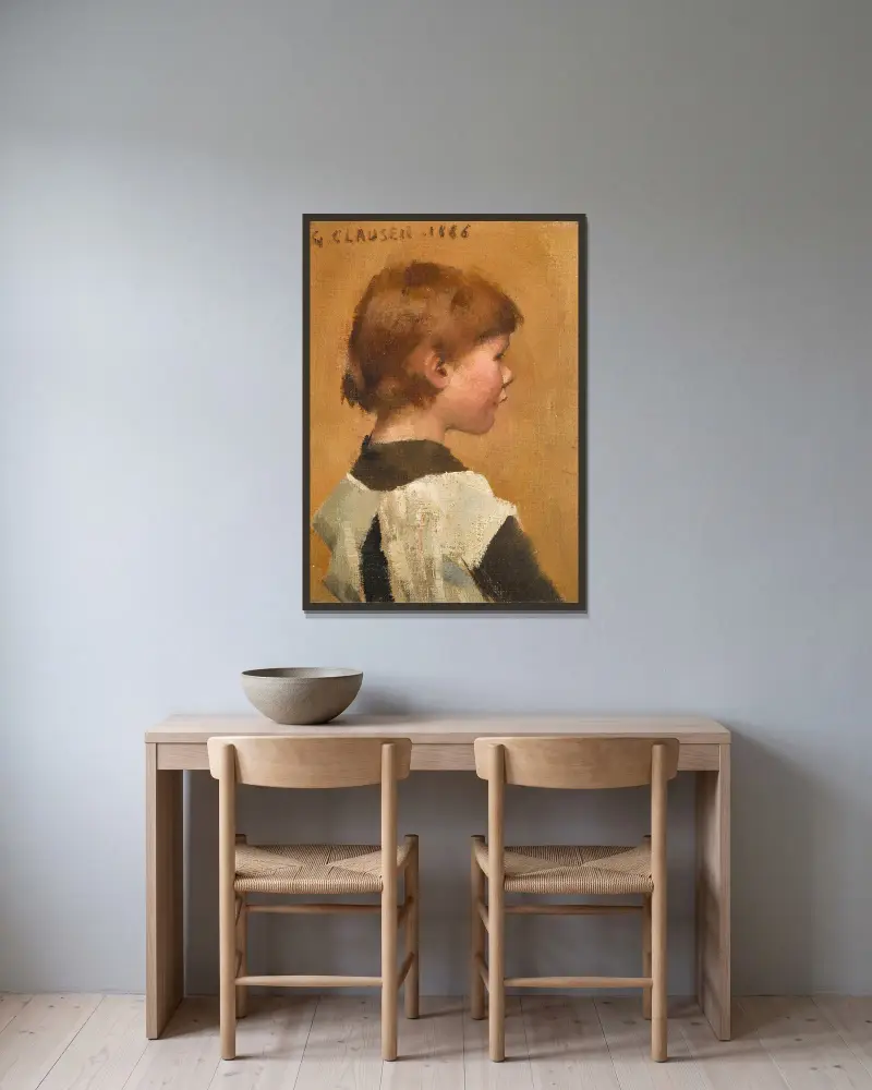 Der Kopf eines Mädchens von Sir George Clausen gerahmt an einer Wand