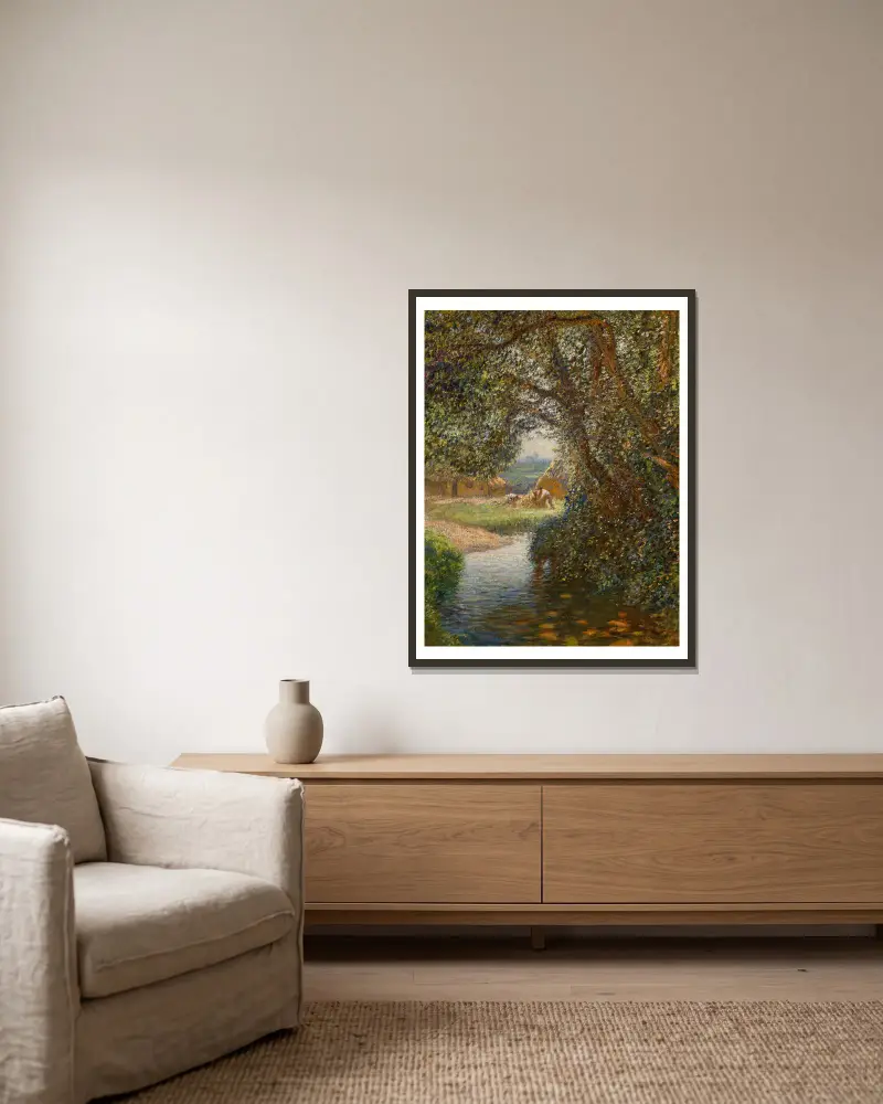 Heumacher am Bach von Sir George Clausen gerahmt an einer Wand