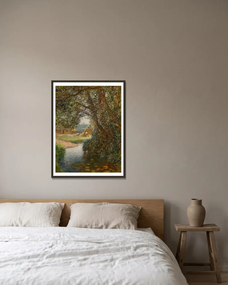 Heumacher am Bach von Sir George Clausen gerahmt an einer Wand