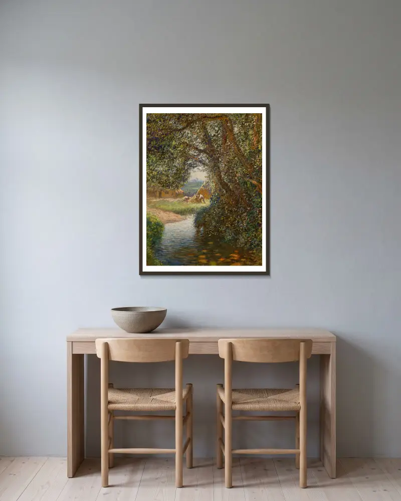Heumacher am Bach von Sir George Clausen gerahmt an einer Wand