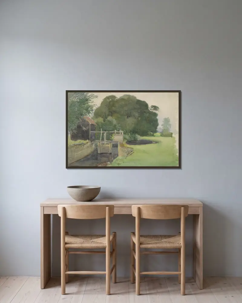 Pejzaż ze śluzą, Sir George Clausen w ramie na ścianie